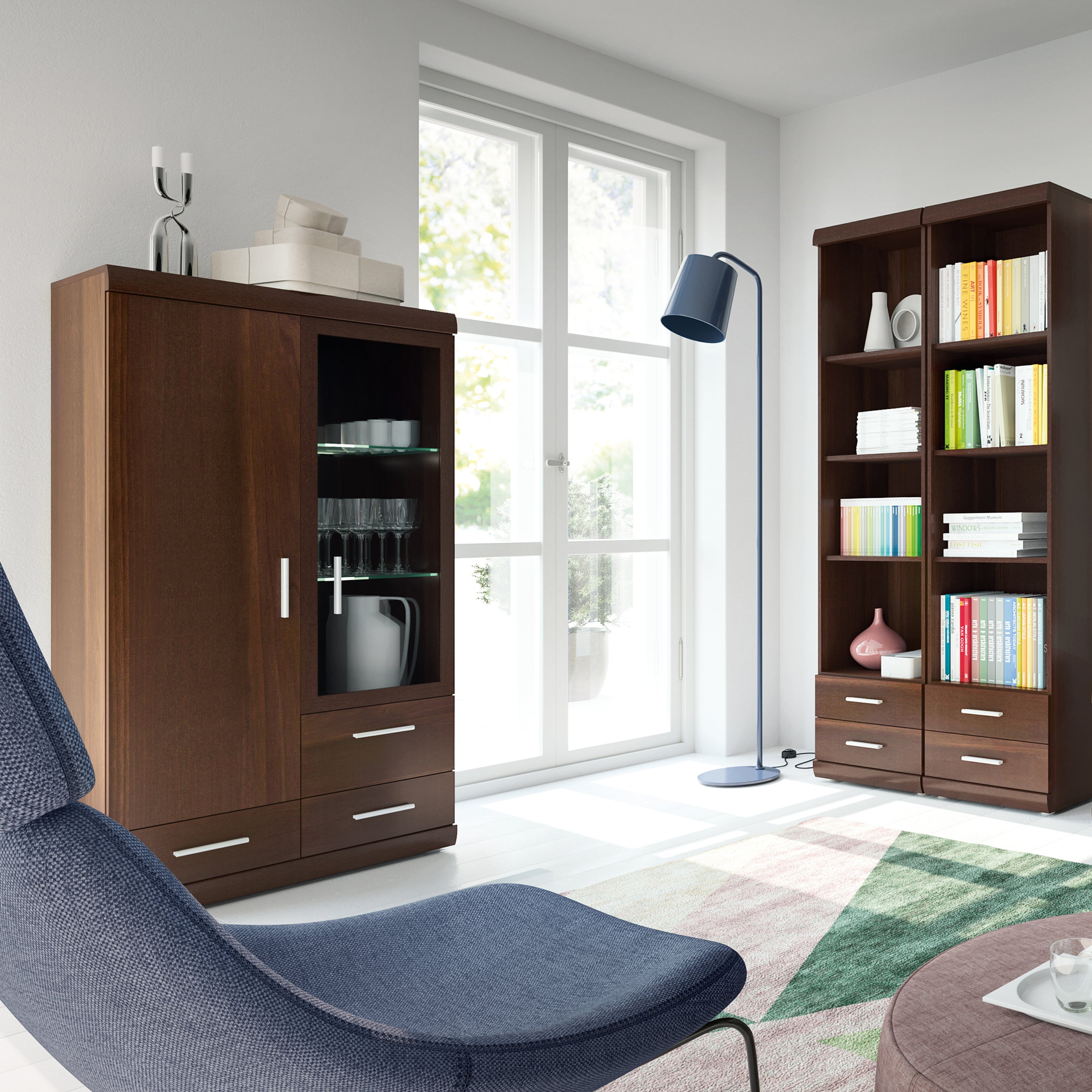 Ingrid 2 Door 3 Drawer Glazed Display Cabinet in Dark Mahogany Melamine