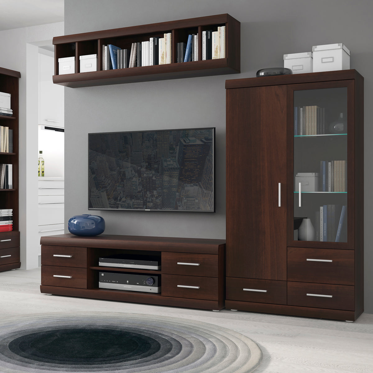 Ingrid 2 Door 3 Drawer Glazed Display Cabinet in Dark Mahogany Melamine