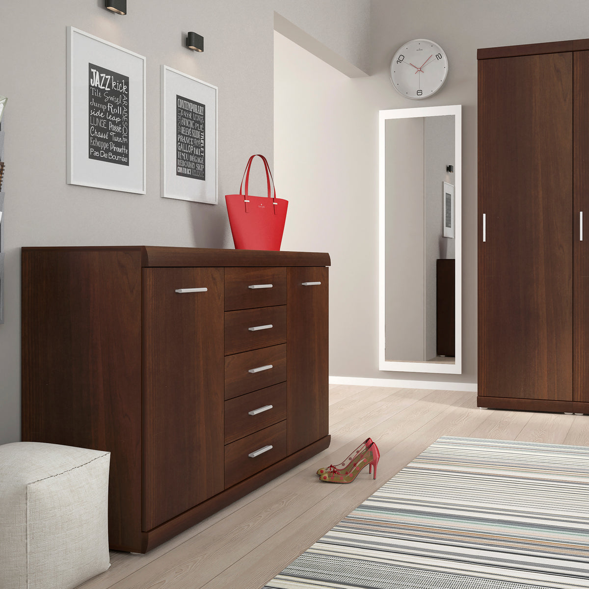 Ingrid 2 Door 5 Drawer Sideboard in Dark Mahogany Melamine