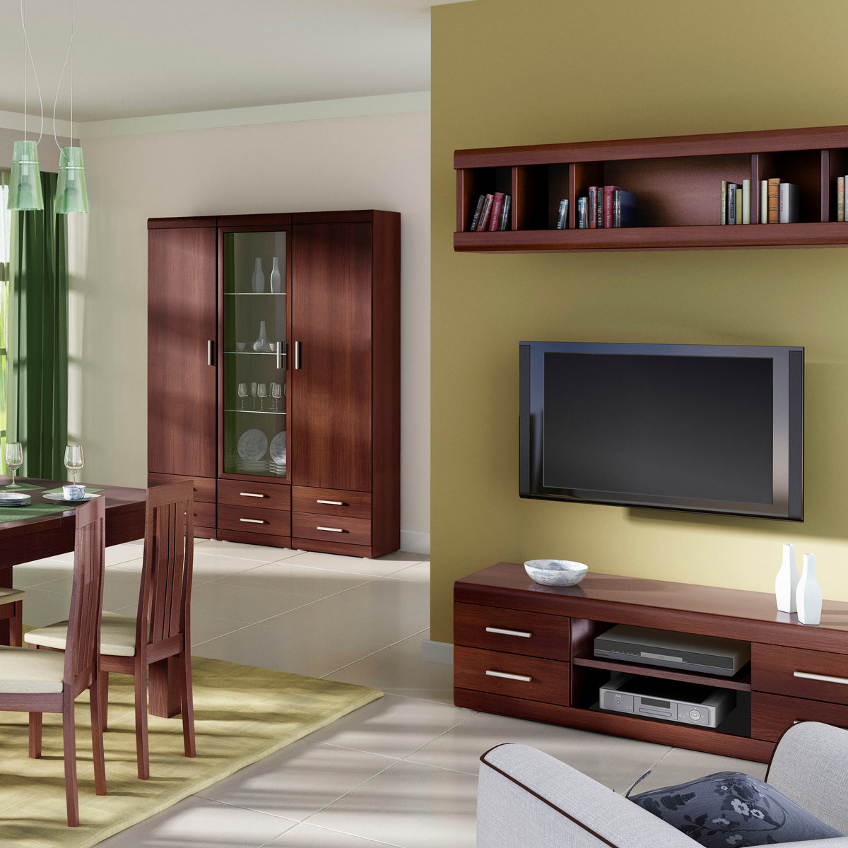 Ingrid Wide 4 Drawer TV Cabinet in Dark Mahogany Melamine