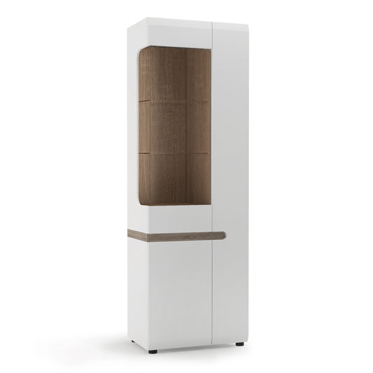 Claudia Living Tall Glazed Narrow Display Unit (RHD) in White with a Truffle Oak Trim