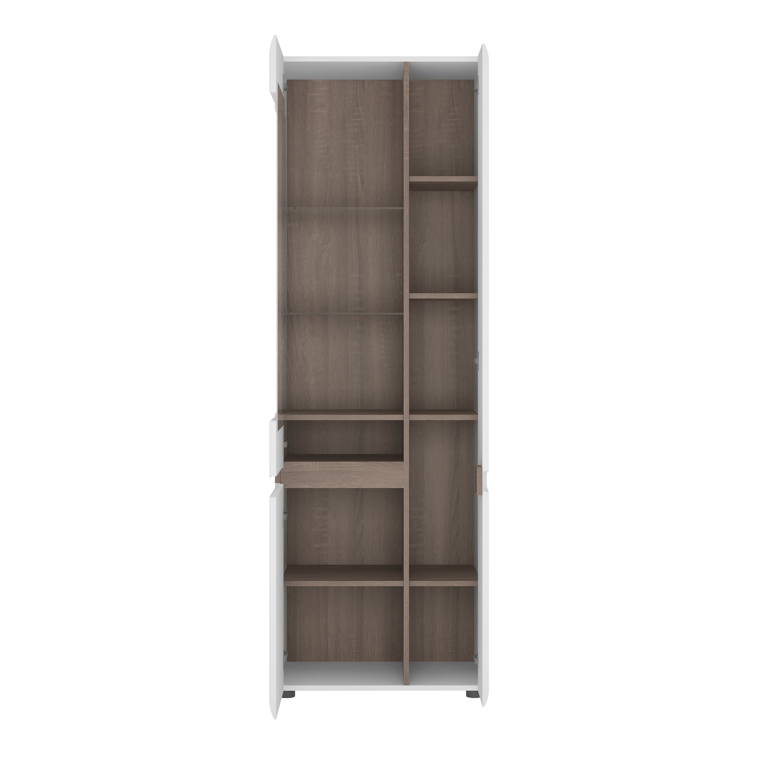 Claudia Living Tall Glazed Narrow Display Unit (RHD) in White with a Truffle Oak Trim