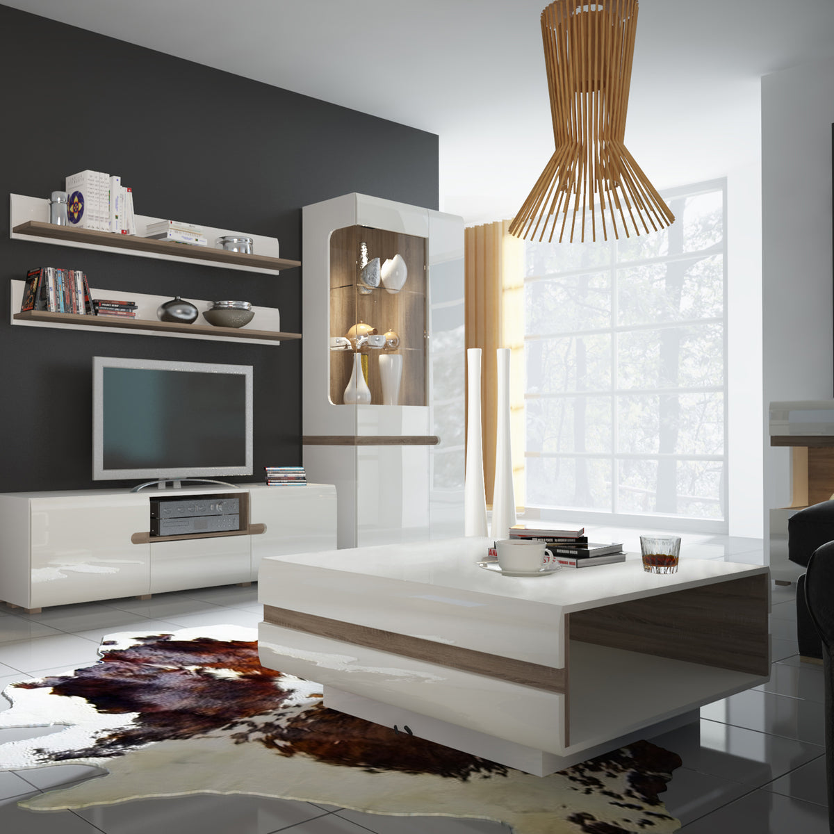 Claudia Living Tall Glazed Narrow Display Unit (RHD) in White with a Truffle Oak Trim