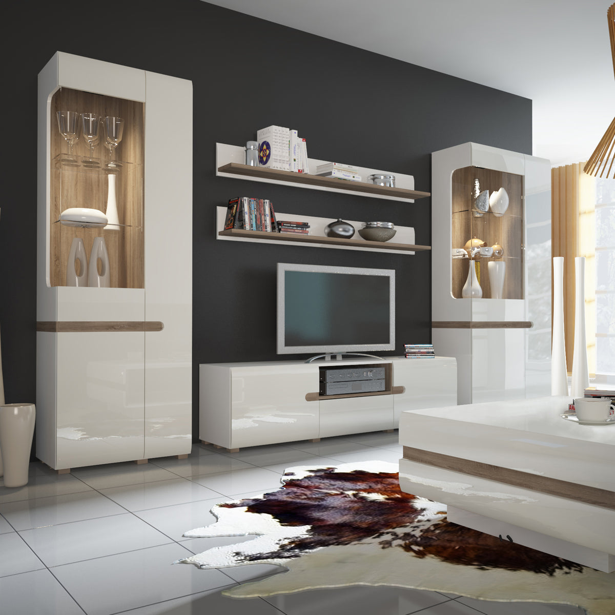 Claudia Living Tall Glazed Narrow Display Unit (RHD) in White with a Truffle Oak Trim