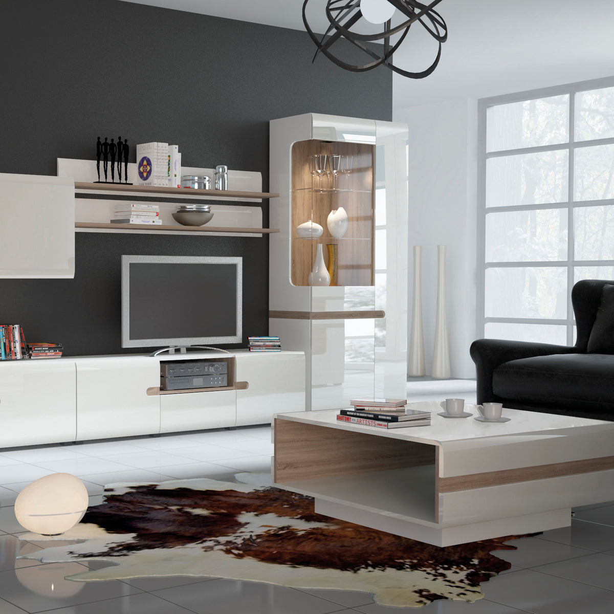 Claudia Living Tall Glazed Narrow Display Unit (RHD) in White with a Truffle Oak Trim