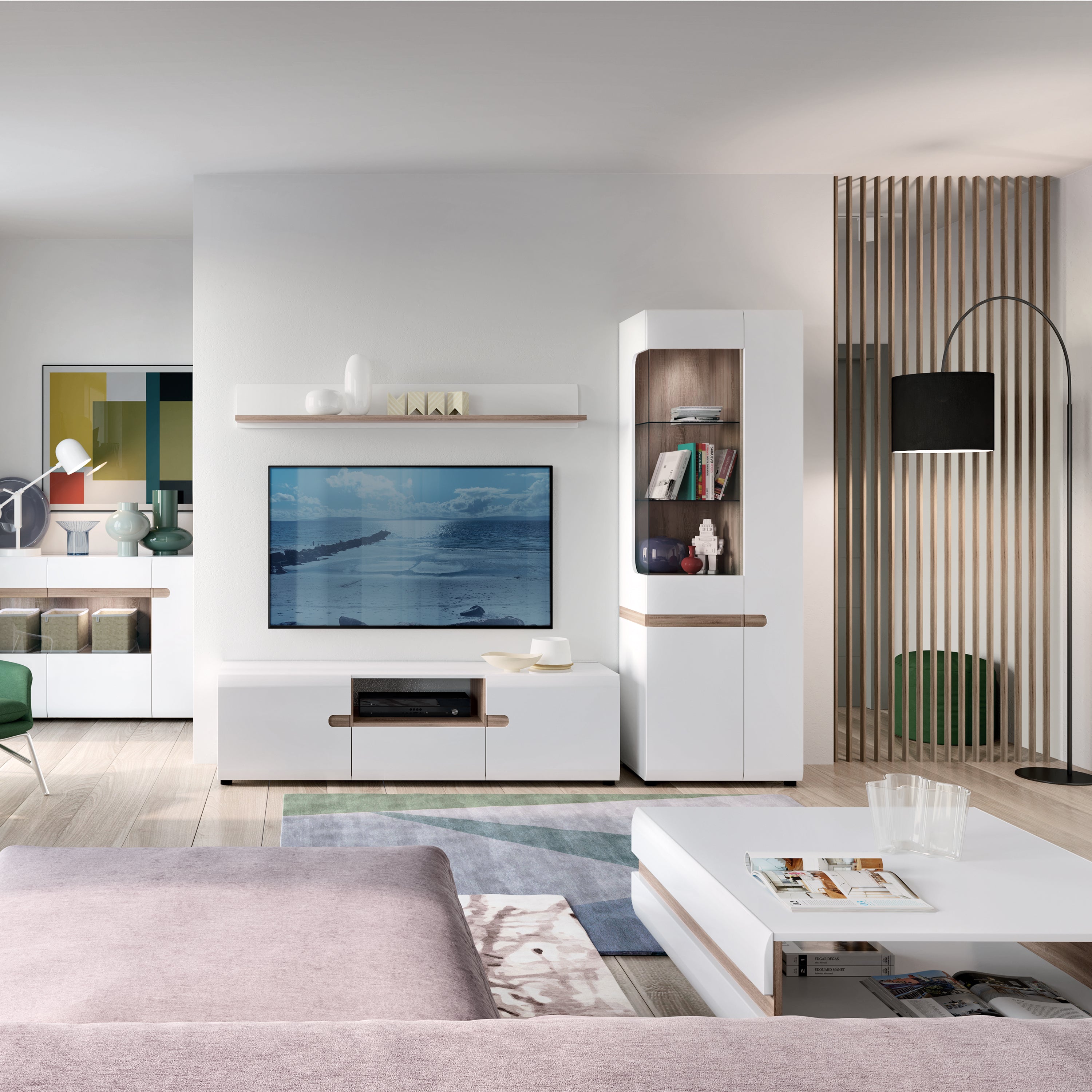 Claudia Living Tall Glazed Narrow Display Unit (RHD) in White with a Truffle Oak Trim