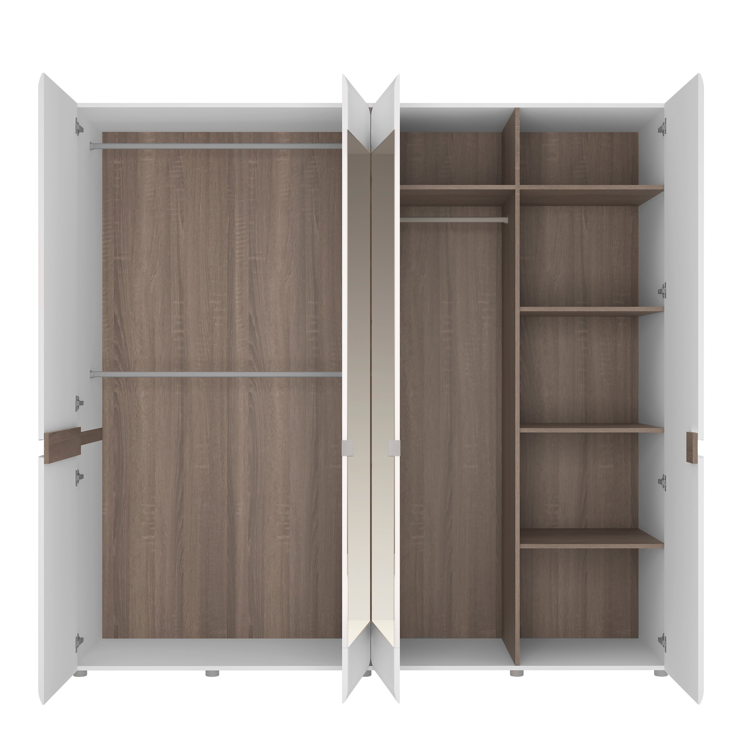 Claudia Bedroom 4 Door Wardrobe with Mirrors in White with a Truffle Oak Trim