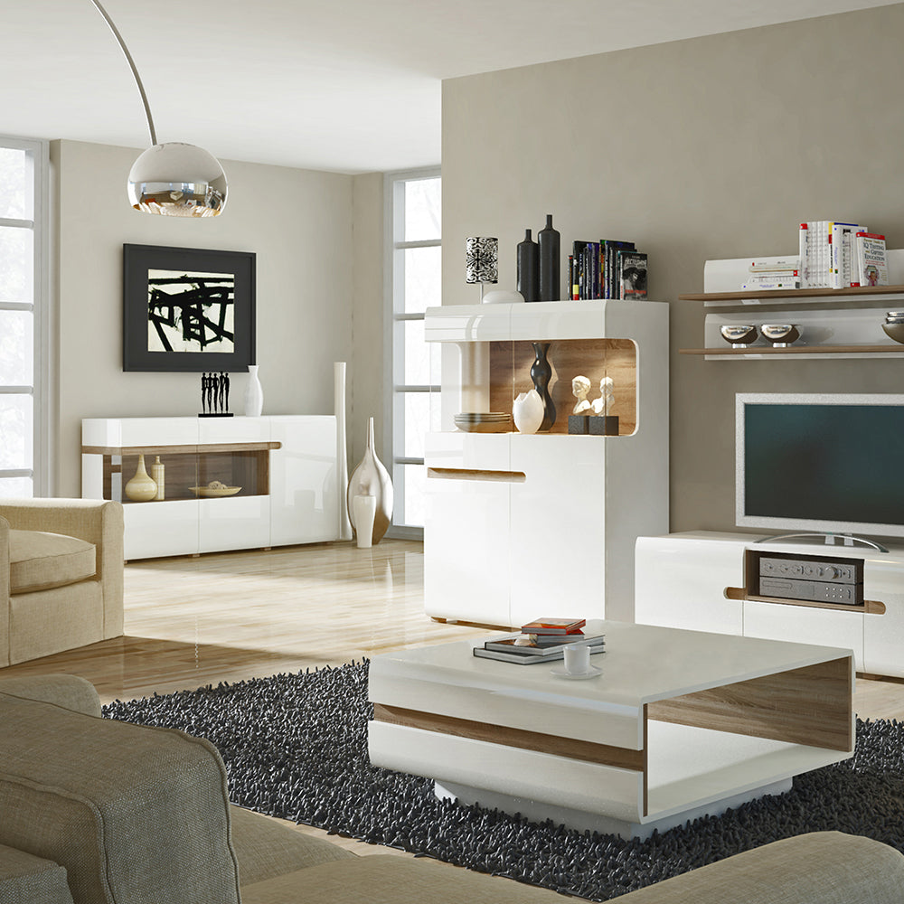 Claudia Living 3 Door Glazed Sideboard in White with a Truffle Oak Trim
