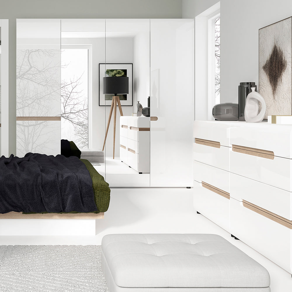 Claudia Bedroom 4 Drawer Chest in White with a Truffle Oak Trim