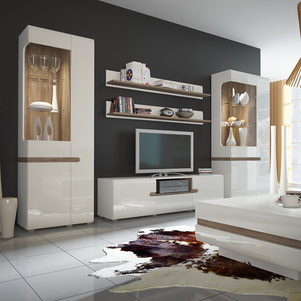 Claudia Living Wide TV Unit in White with a Truffle Oak Trim