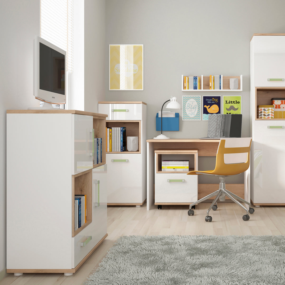 Best 4 Kids 2 Door 1 Drawer Cupboard with 2 Open Shelves with Lemon Handles