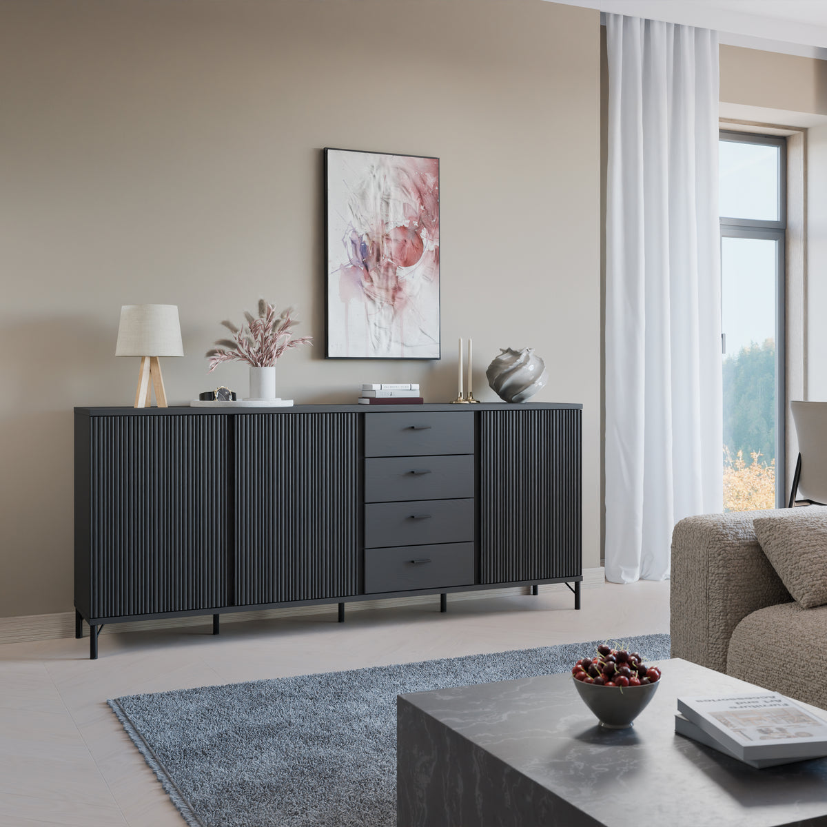 Larson Sideboard 3 Door 4 Drawer in Black Graphite