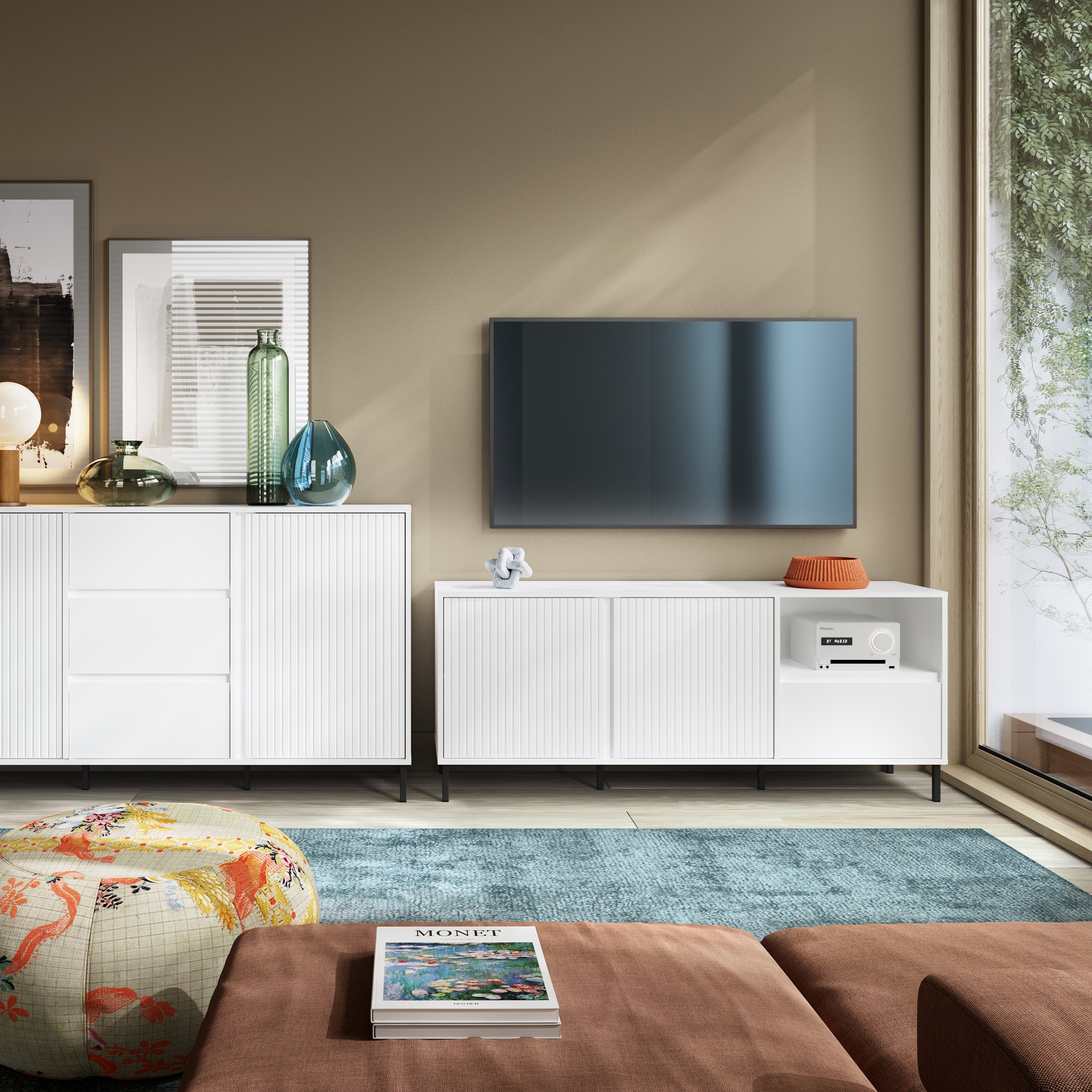 Avery Wide TV Cabinet 2 Door 1 Drawer in Alpine White High Gloss