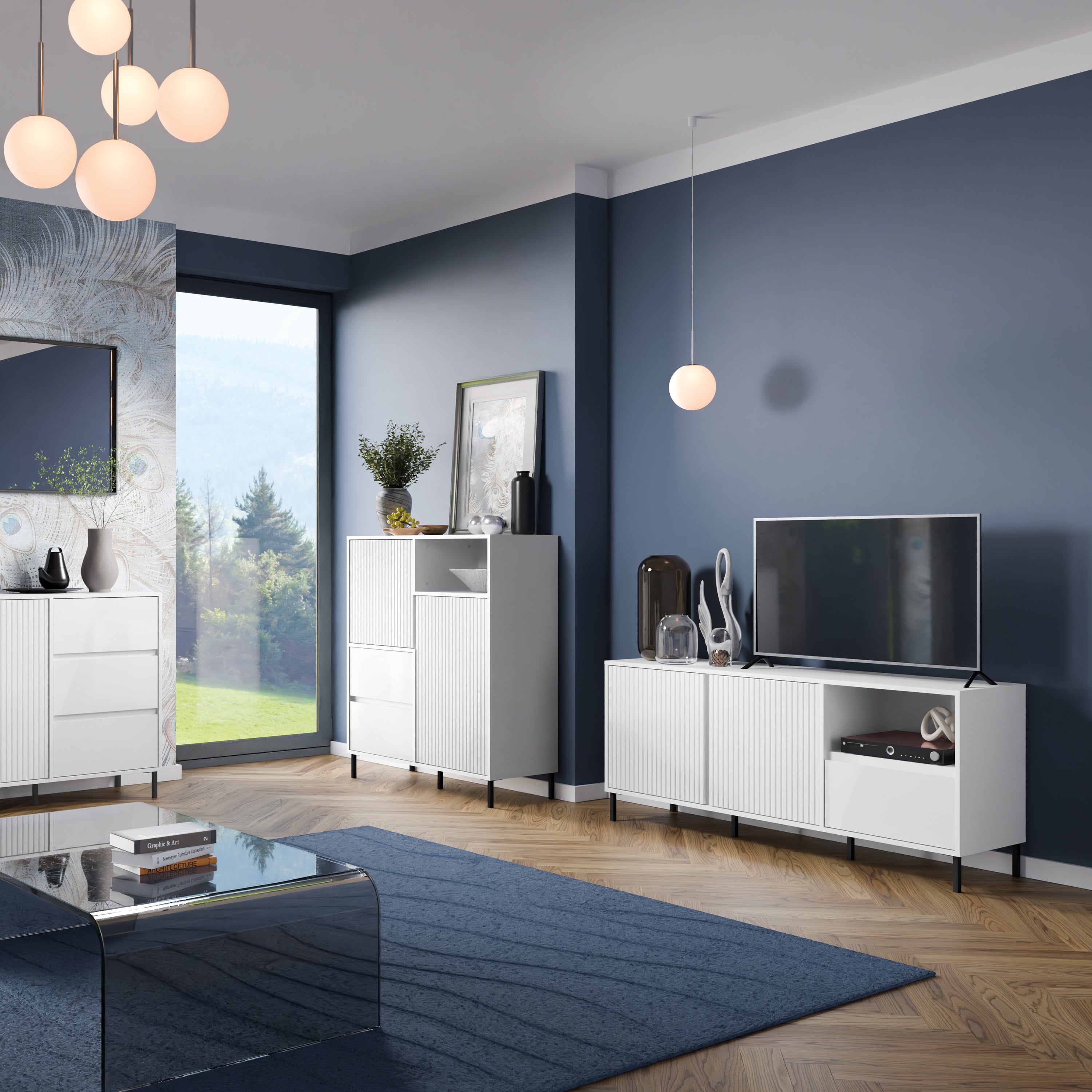 Avery Wide TV Cabinet 2 Door 1 Drawer in Alpine White High Gloss