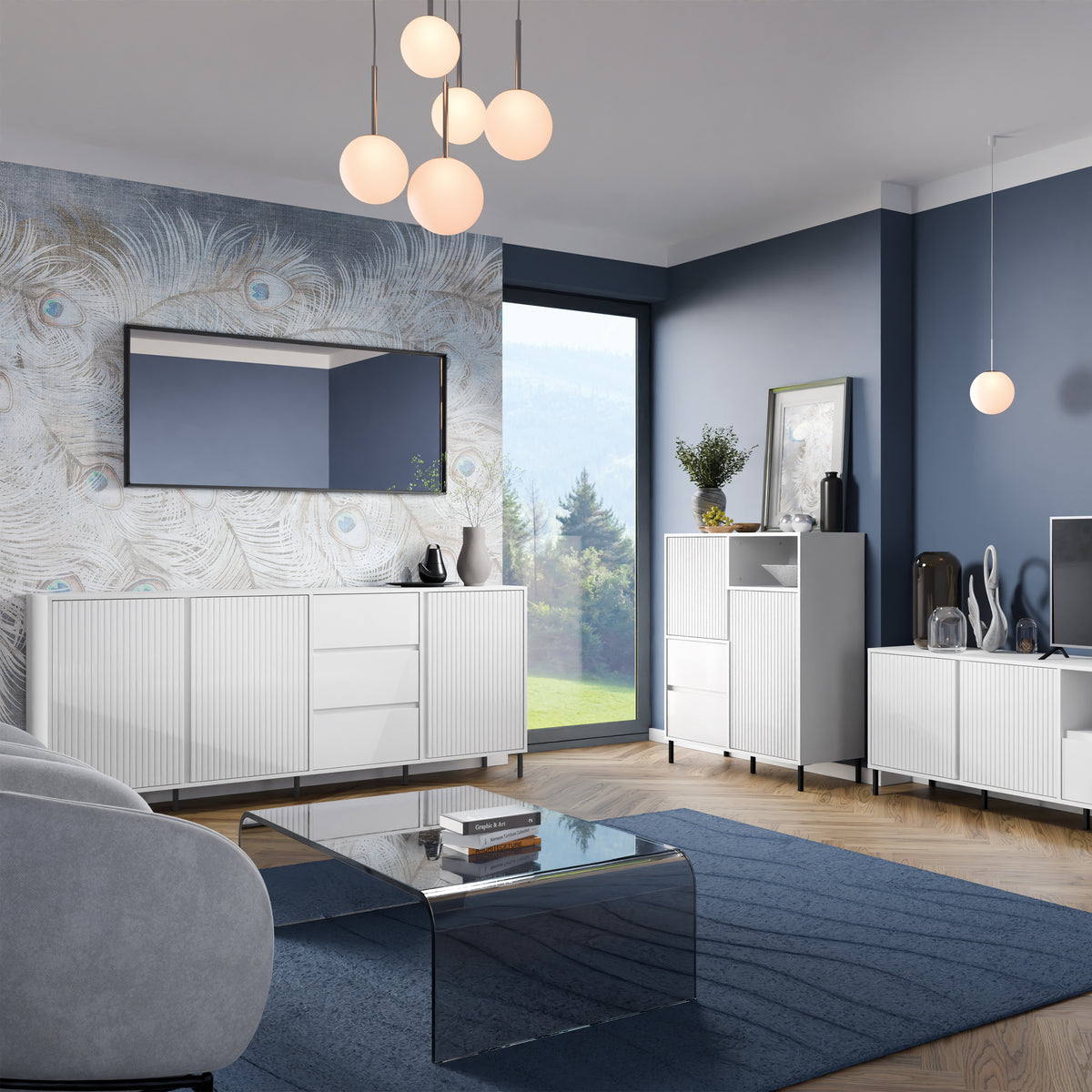Avery Sideboard 3 Door 3 Drawer in Alpine White High Gloss