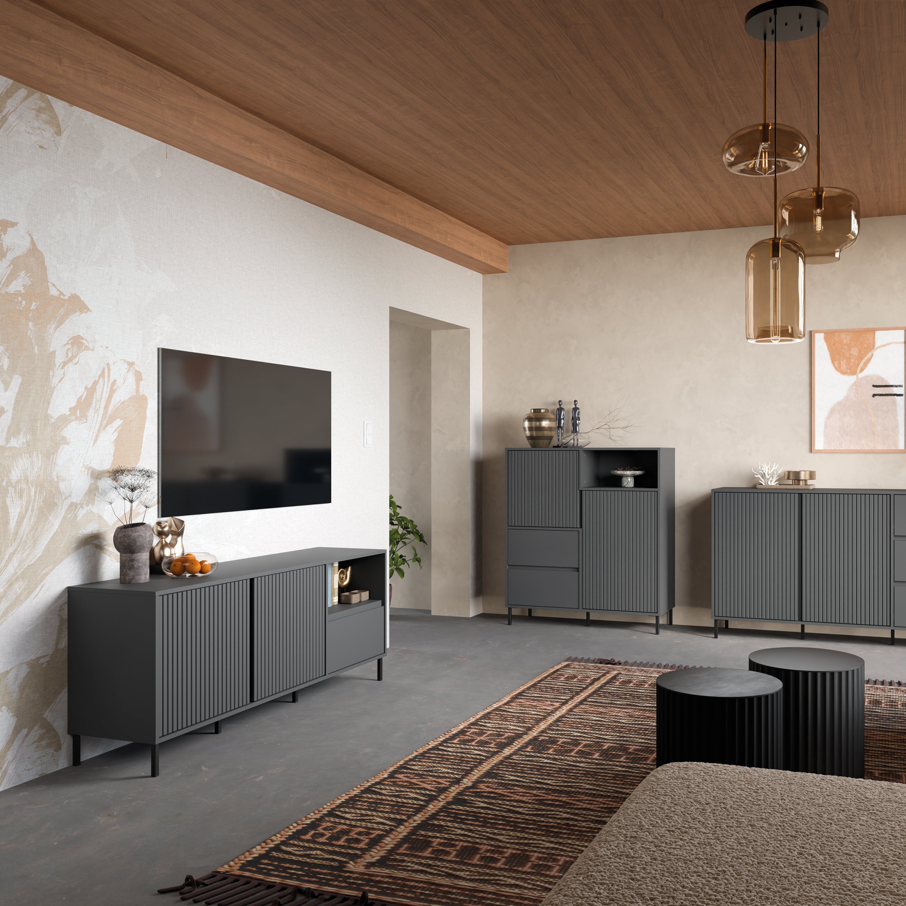 Avery Wide TV Cabinet 2 Door 1 Drawer in Anthracite