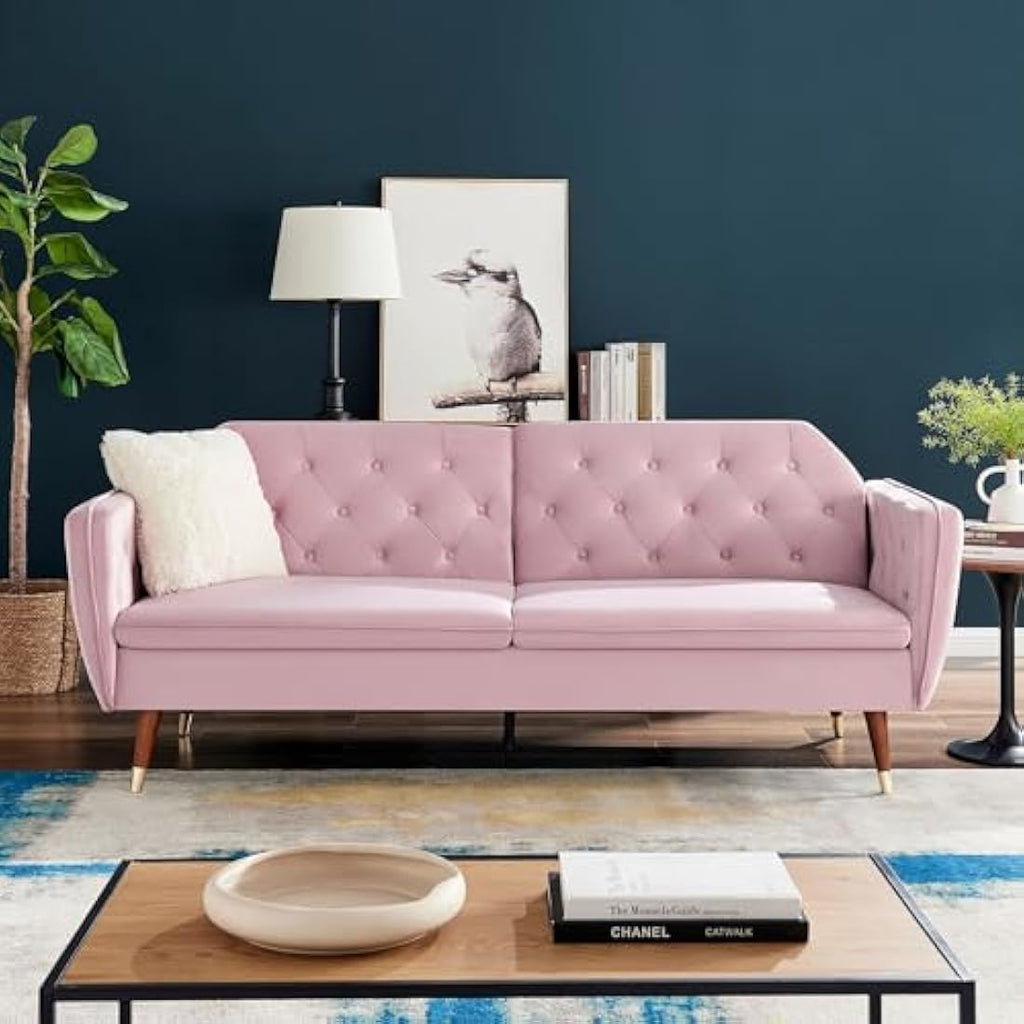 Victoria 3 Seater Velvet Fabric Sofa Bed- Rose .                       Click Clack Mechanism Sofa Bed With Gold Accent Legs.