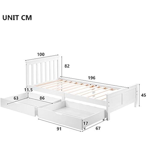 3ft Single Solid White Pine Storage Bed Frame with Under Drawers (White 190x90cm)