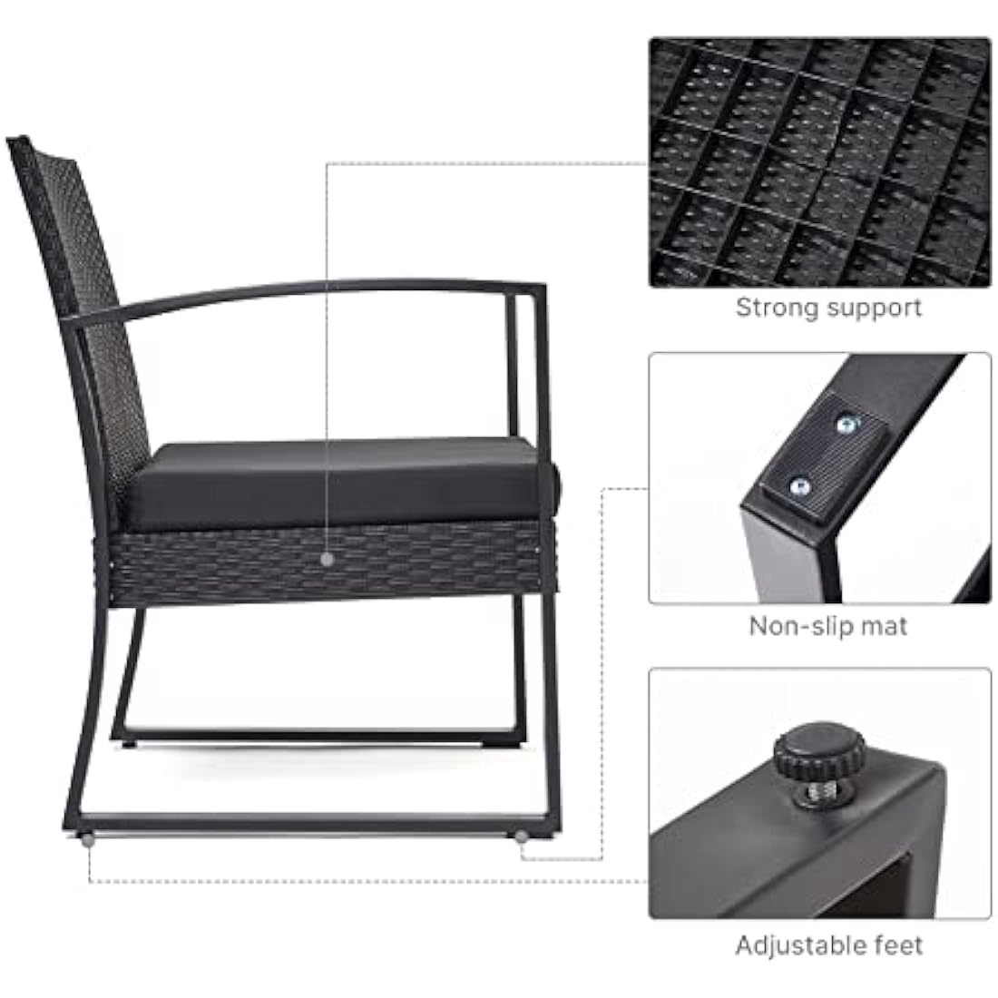 Mondeer Rattan Garden Furniture Set, 3 PCS Patio Bistro Set, 2 Seater Rattan Chairs with Cushions and Coffee Table in Black