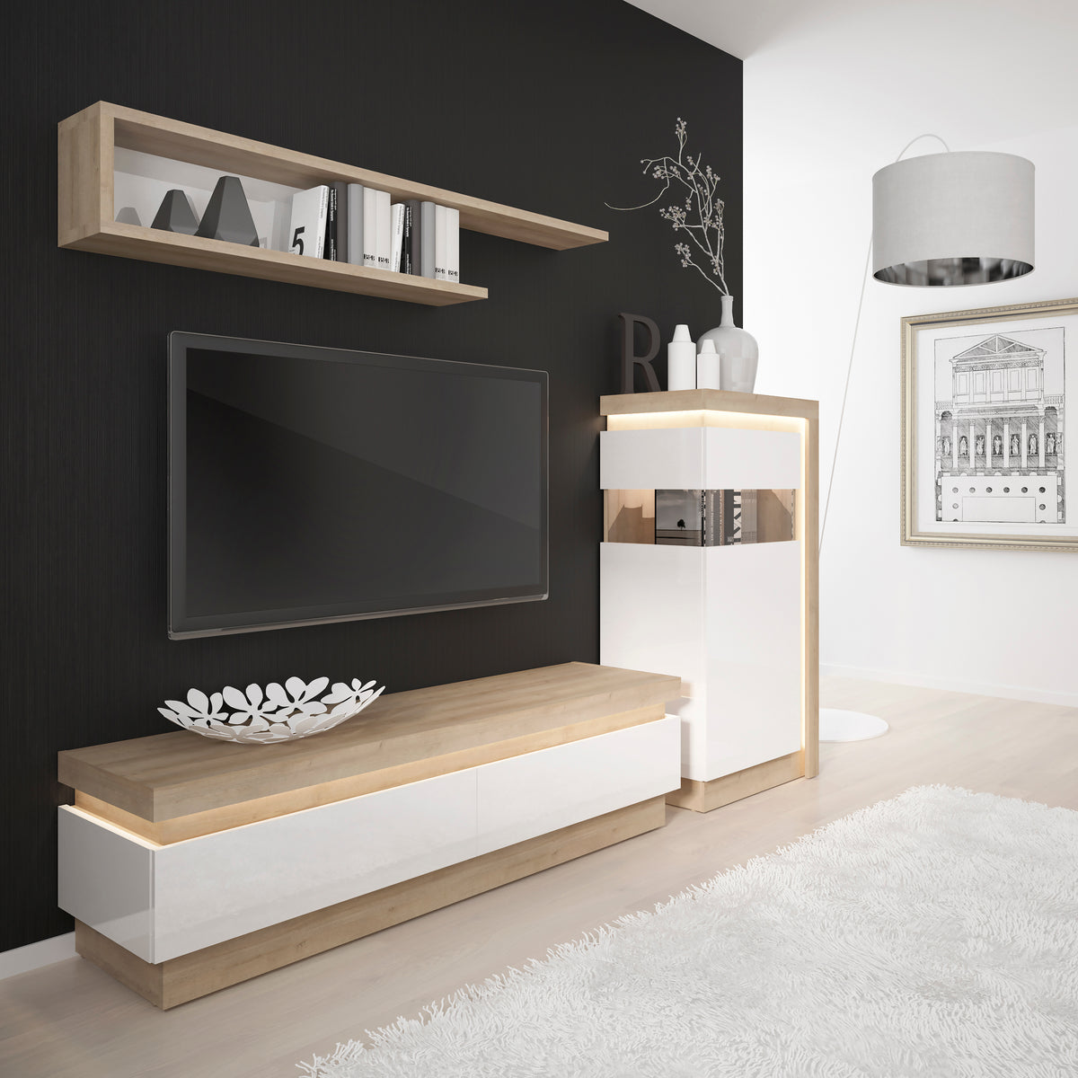 Lucille 2 Drawer TV Cabinet in Riviera Oak/White High Gloss