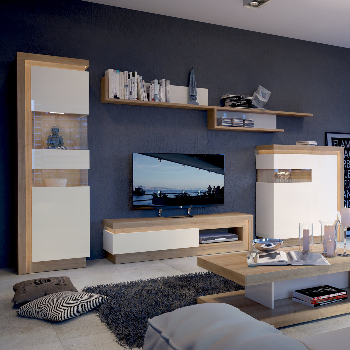 Lucille 1 Drawer TV Cabinet with Open Shelf in Riviera Oak/White High Gloss