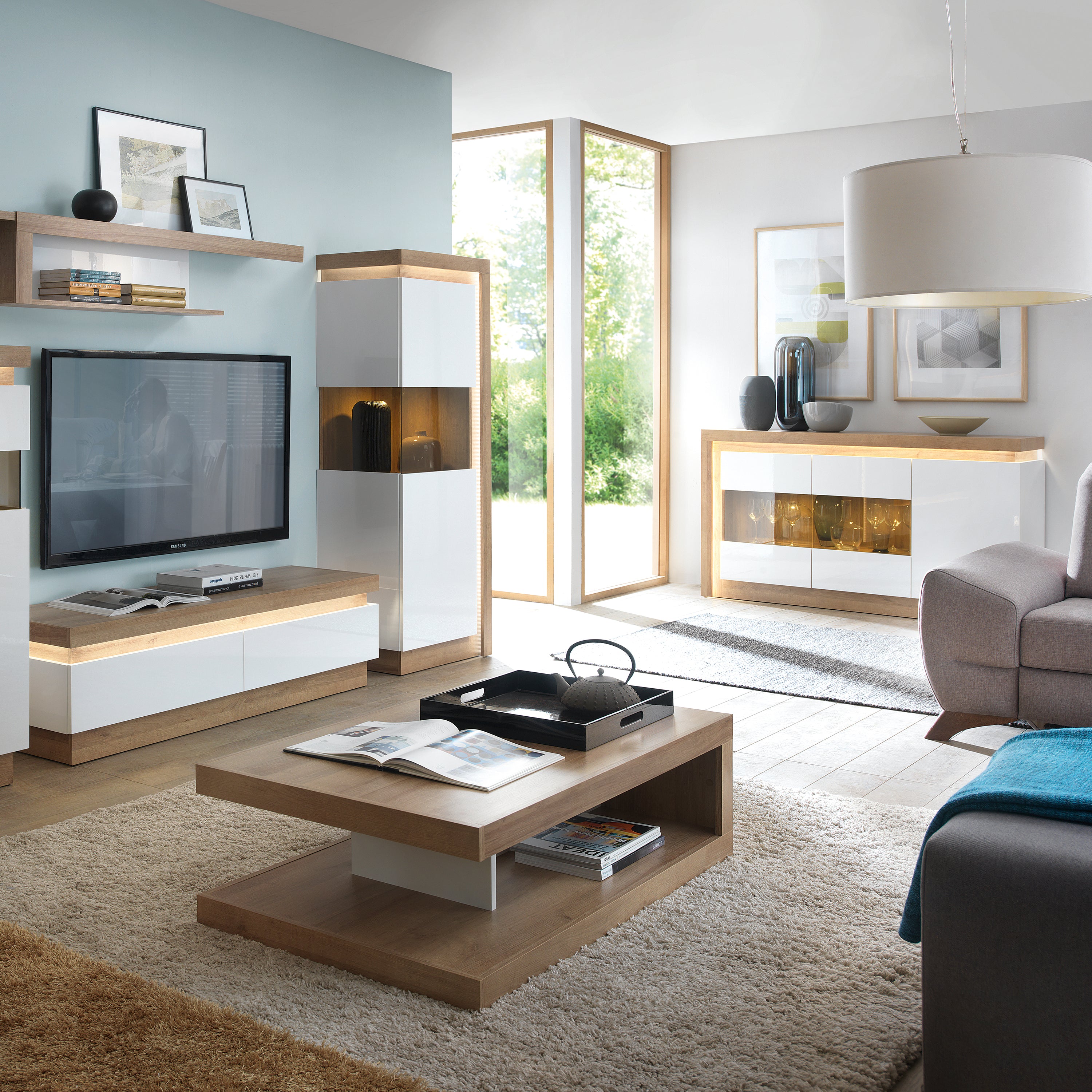 Lucille 3 Door Glazed Sideboard in Riviera Oak/White High Gloss