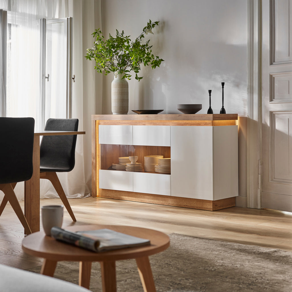 Lucille 3 Door Glazed Sideboard in Riviera Oak/White High Gloss