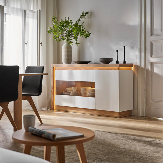 Lucille 3 Door Glazed Sideboard in Riviera Oak/White High Gloss