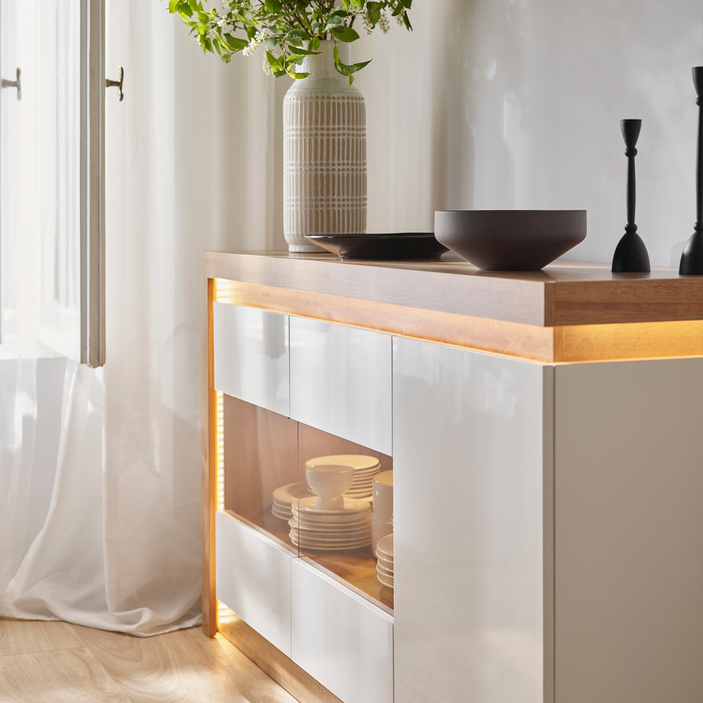 Lucille 3 Door Glazed Sideboard in Riviera Oak/White High Gloss