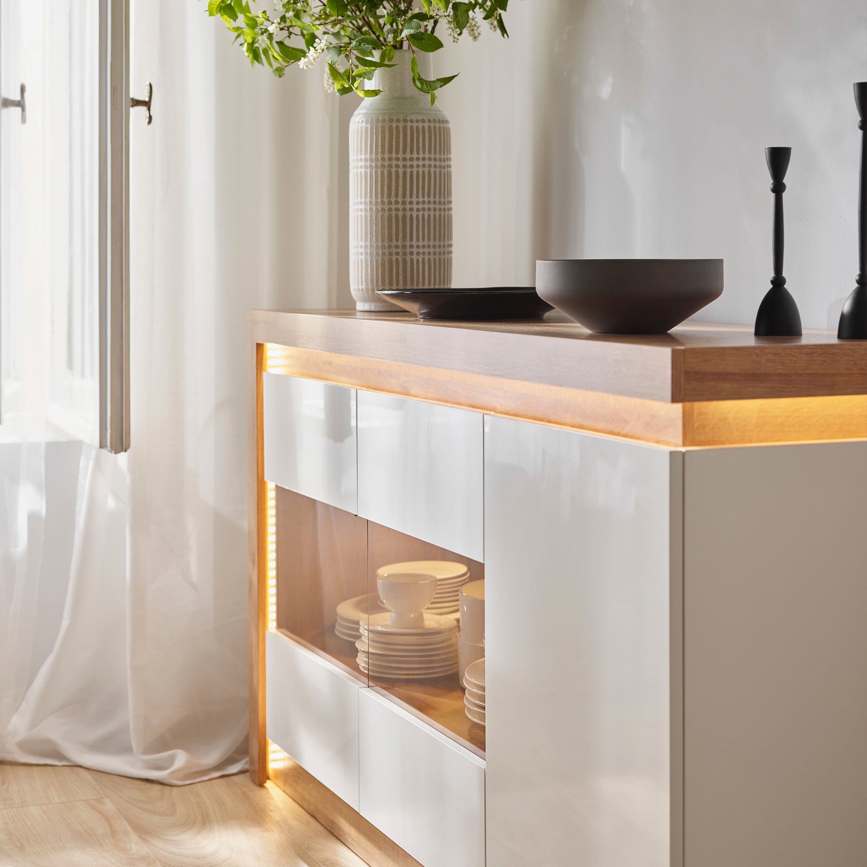Lucille 3 Door Glazed Sideboard in Riviera Oak/White High Gloss