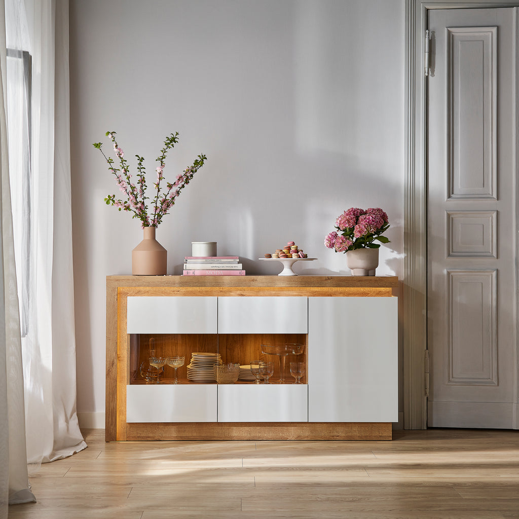Lucille 3 Door Glazed Sideboard in Riviera Oak/White High Gloss