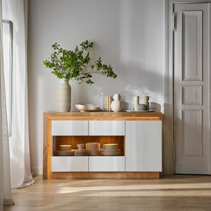 Lucille 3 Door Glazed Sideboard in Riviera Oak/White High Gloss