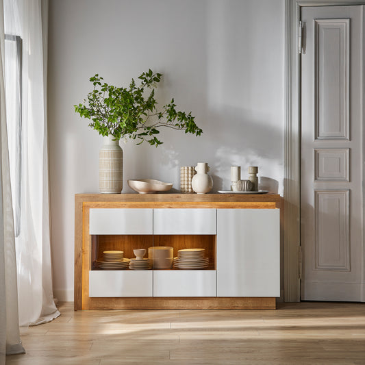 Lucille 3 Door Glazed Sideboard in Riviera Oak/White High Gloss