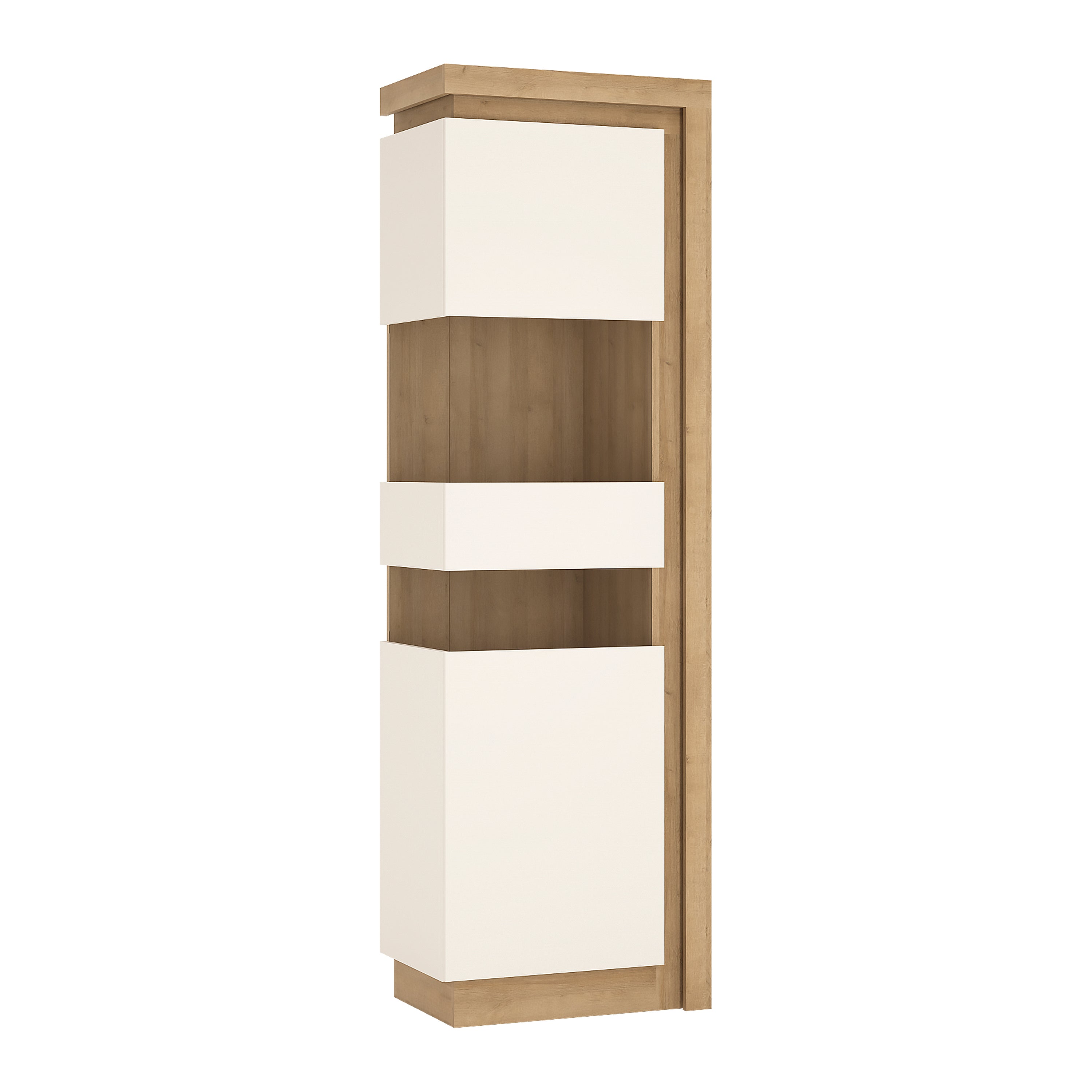 Lucille Tall Narrow Display Cabinet (LHD) in Riviera Oak/White High Gloss