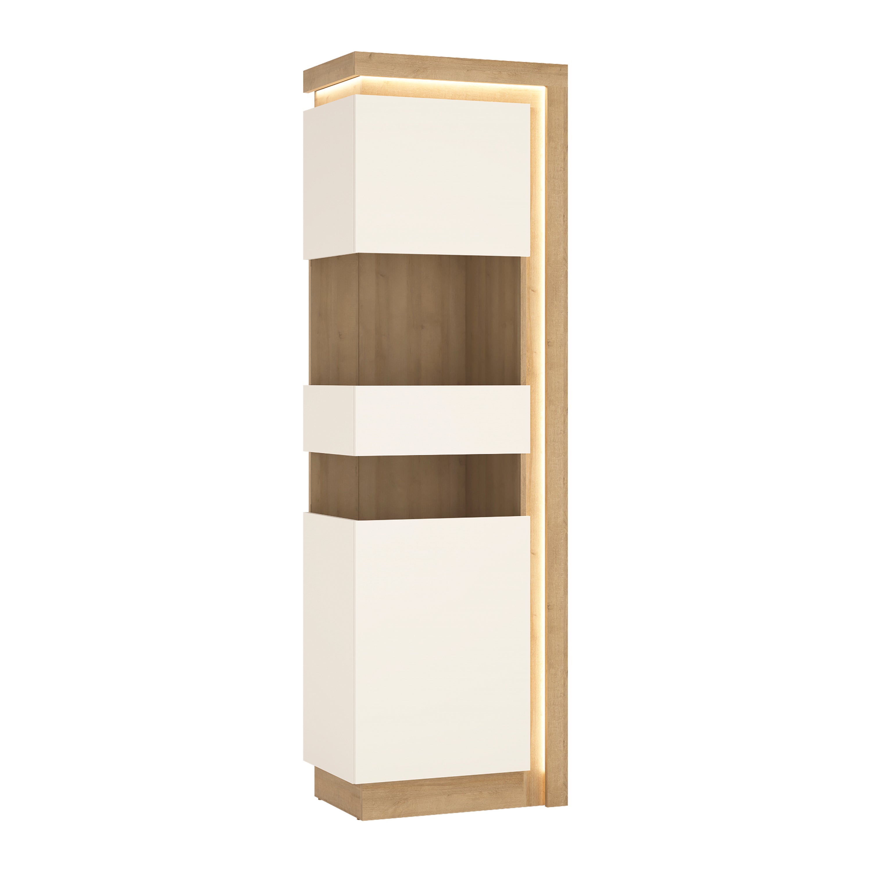 Lucille Tall Narrow Display Cabinet (LHD) in Riviera Oak/White High Gloss