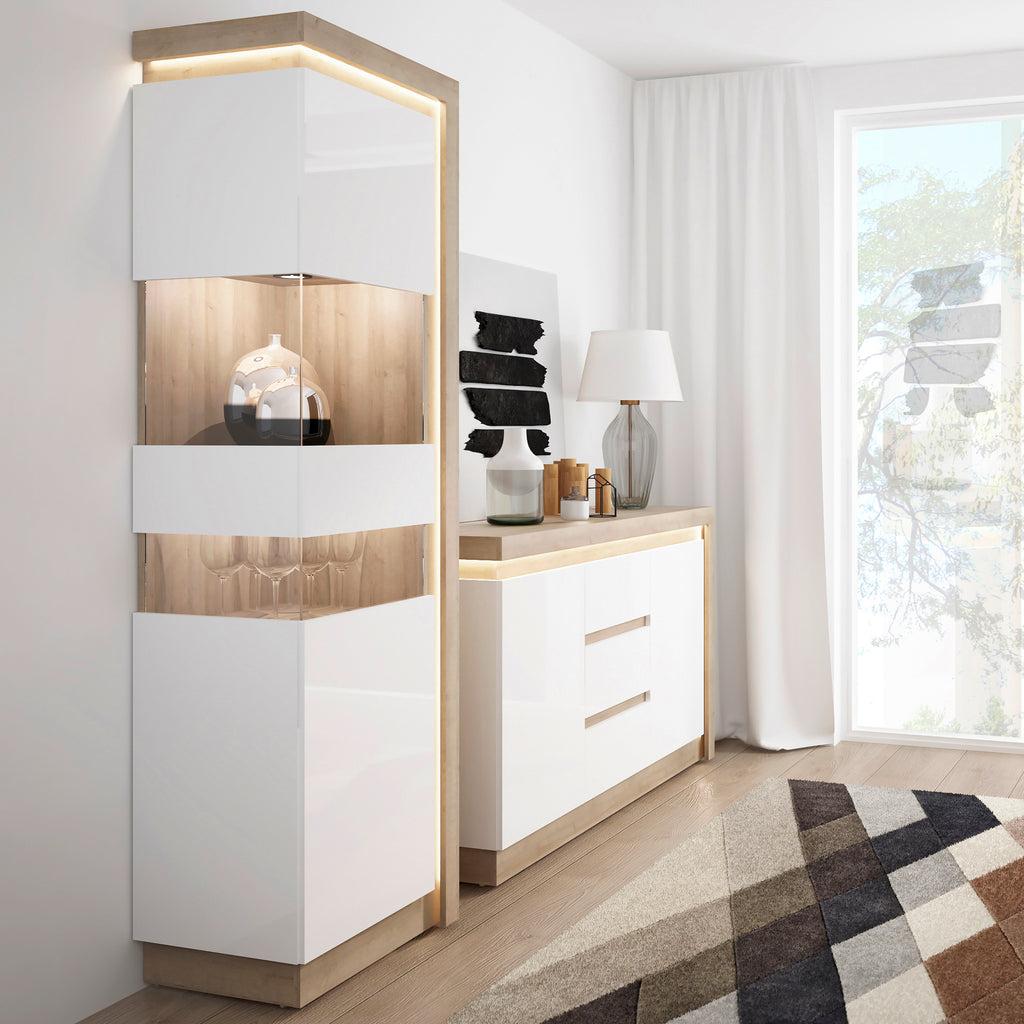 Lucille Tall Narrow Display Cabinet (LHD) in Riviera Oak/White High Gloss