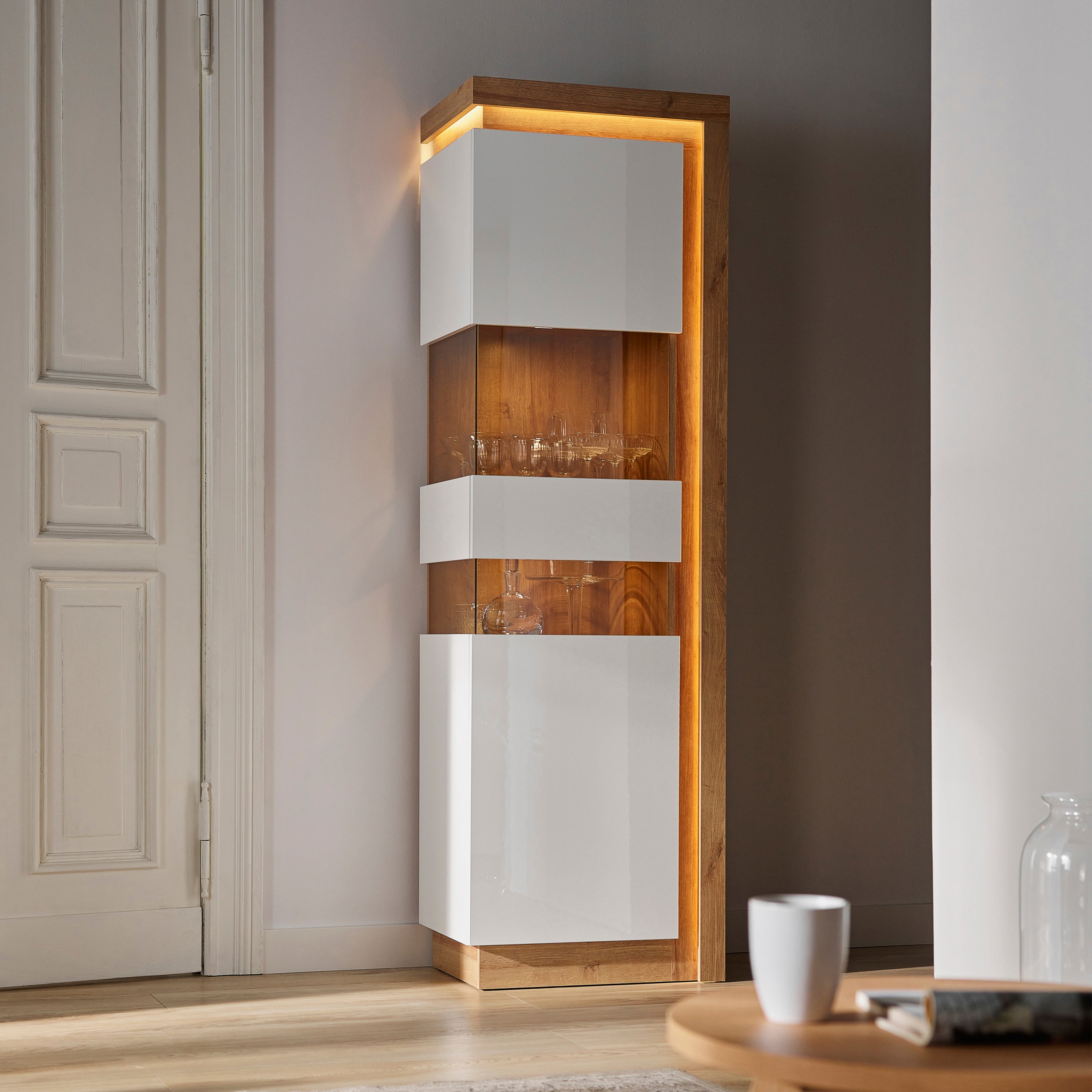 Lucille Tall Narrow Display Cabinet (LHD) in Riviera Oak/White High Gloss