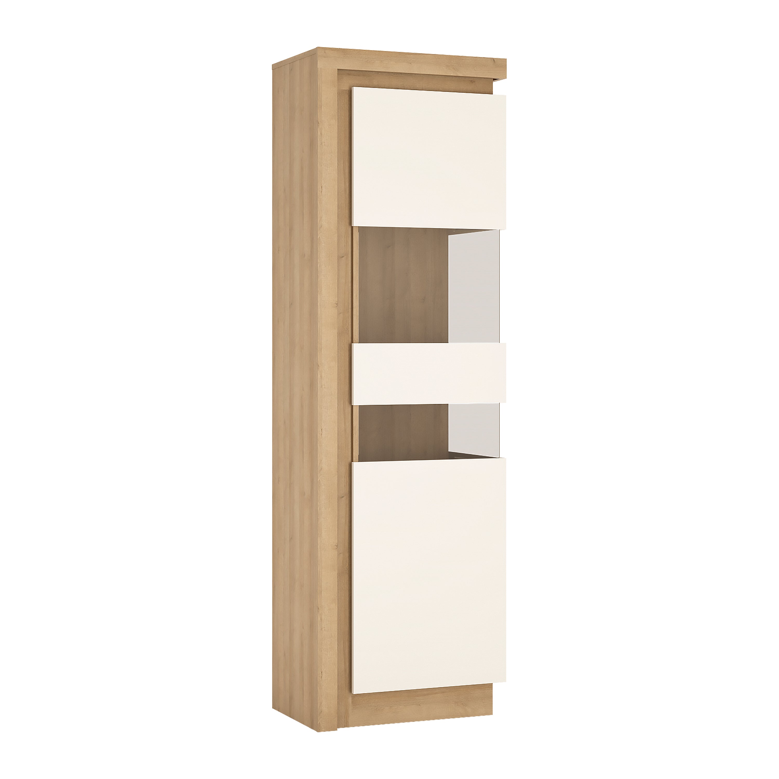 Lucille Tall Narrow Display Cabinet (RHD) in Riviera Oak/White High Gloss