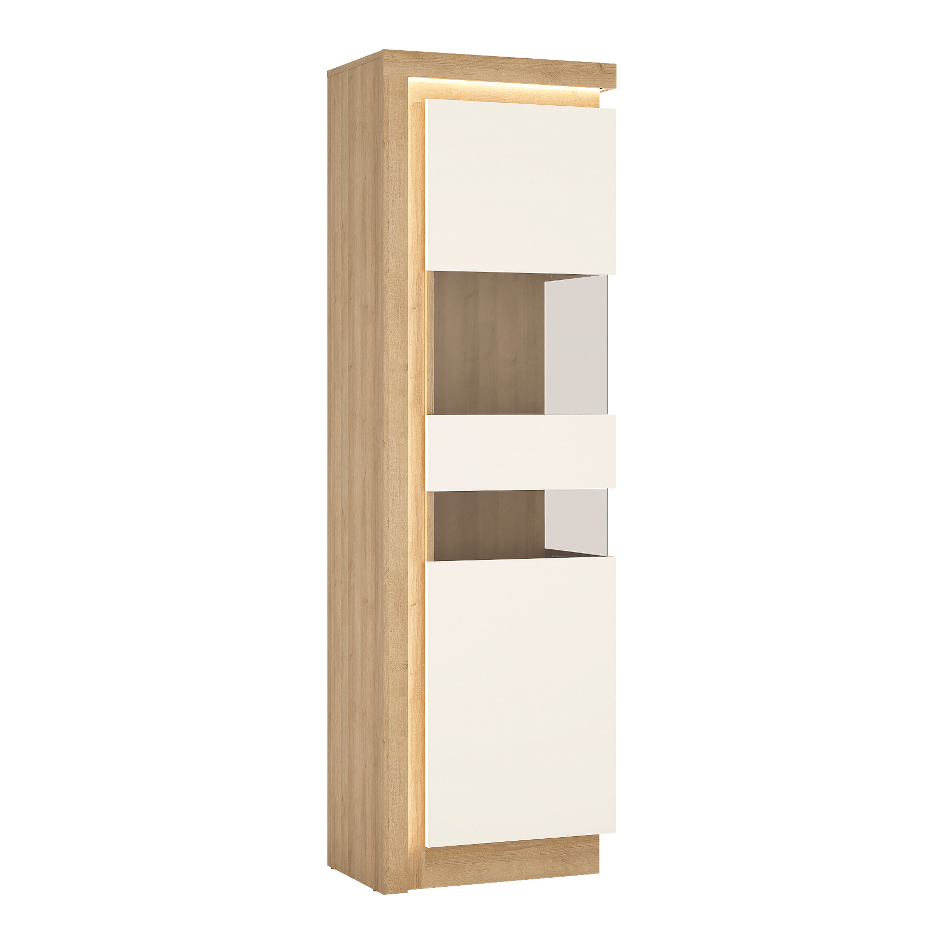 Lucille Tall Narrow Display Cabinet (RHD) in Riviera Oak/White High Gloss