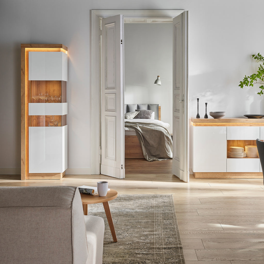 Lucille Tall Narrow Display Cabinet (RHD) in Riviera Oak/White High Gloss