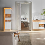 Lucille Tall Narrow Display Cabinet (RHD) in Riviera Oak/White High Gloss