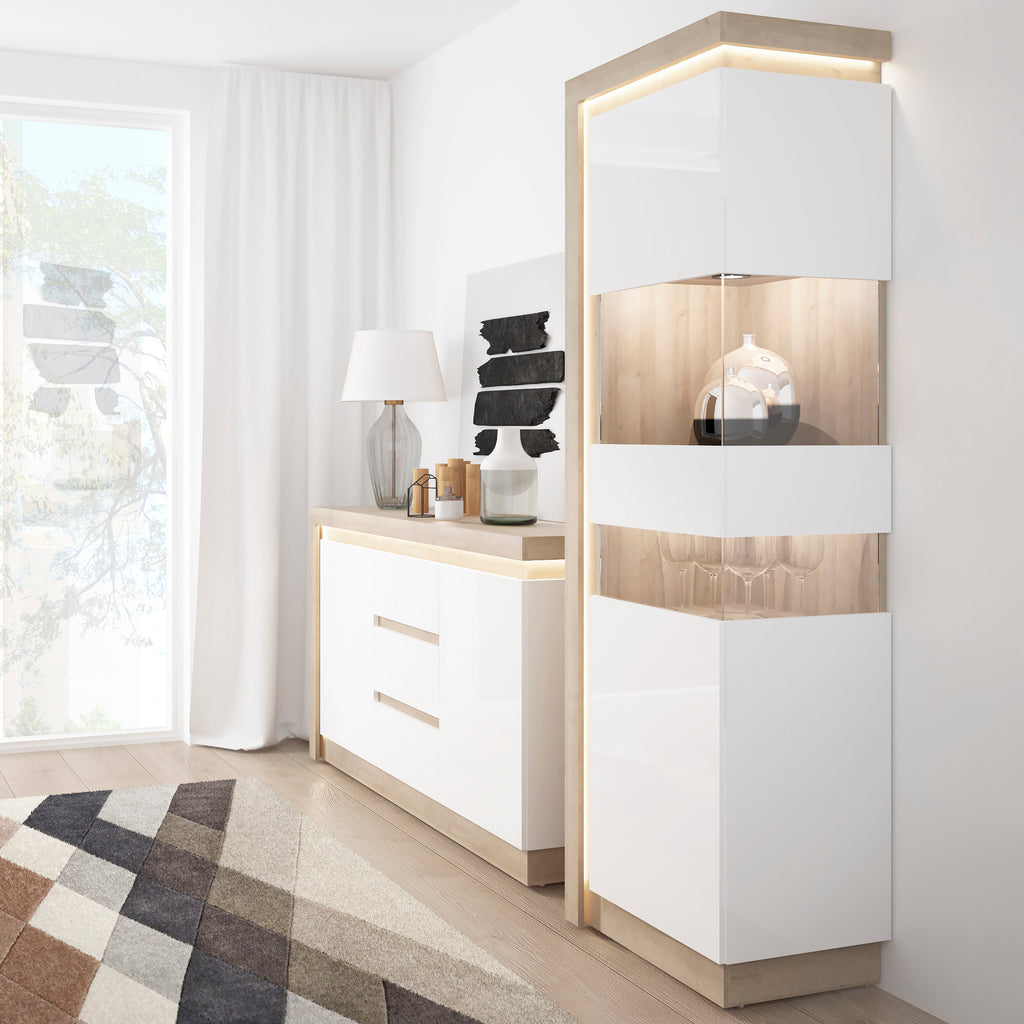 Lucille Tall Narrow Display Cabinet (RHD) in Riviera Oak/White High Gloss