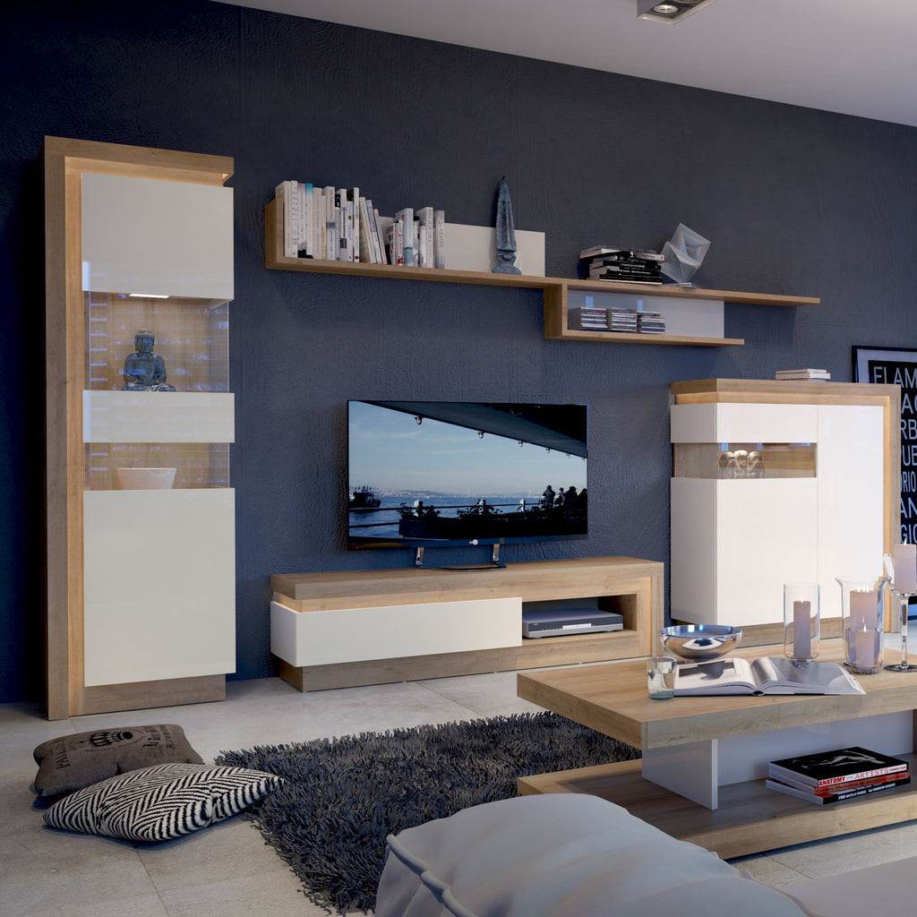 Lucille Tall Narrow Display Cabinet (RHD) in Riviera Oak/White High Gloss