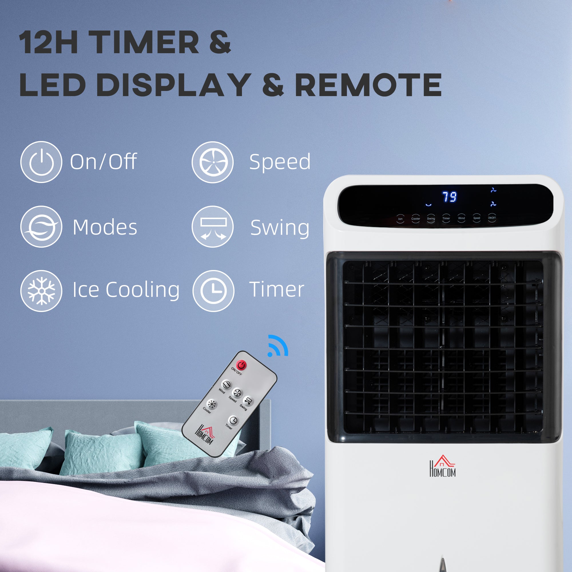 Mobile Air Cooler, 12L Tank Evaporative Ice Cooling Fan Water Conditioner Humidifier Unit with 3 Modes, 3 Speed, Remote, Timer, Oscillating for Home Bedroom