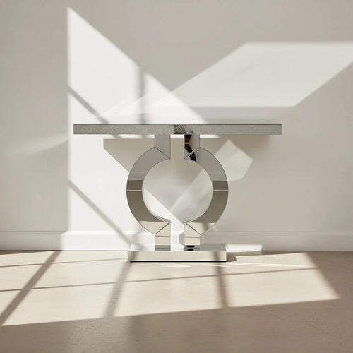 110 cm Mirrored Console Table, Modern Silver Sofa Table with O-Shaped Base