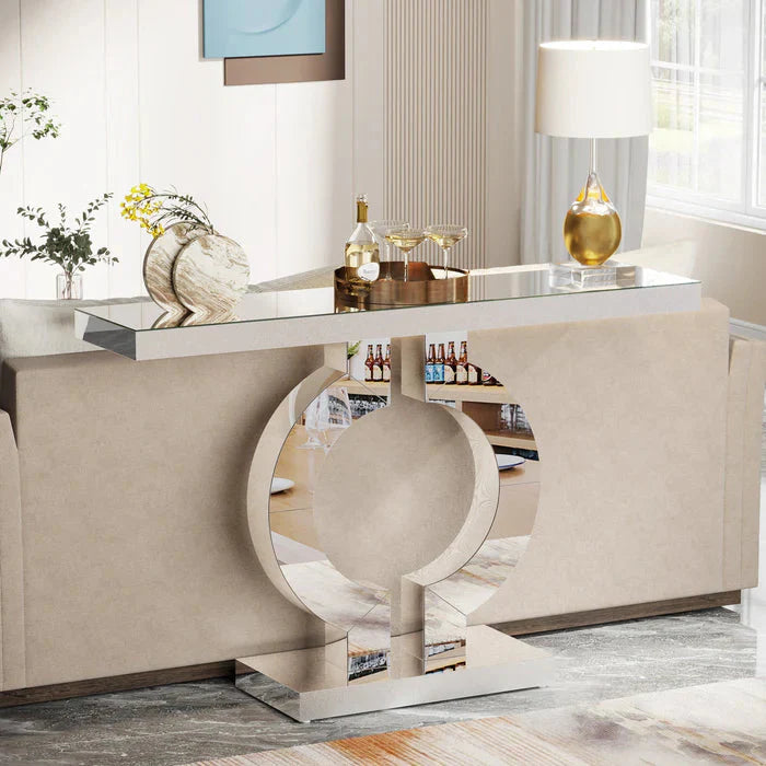 110 cm Mirrored Console Table, Modern Silver Sofa Table with O-Shaped Base