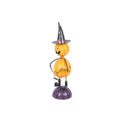 Orange Metal Pumpkin Man Ornament with Witch Hat