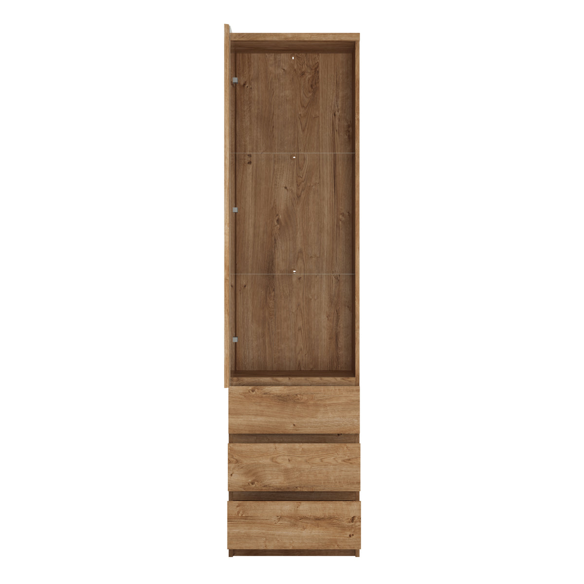 Faraday Tall Narrow 1 Door 3 Drawer Glazed Display Cabinet in Oak