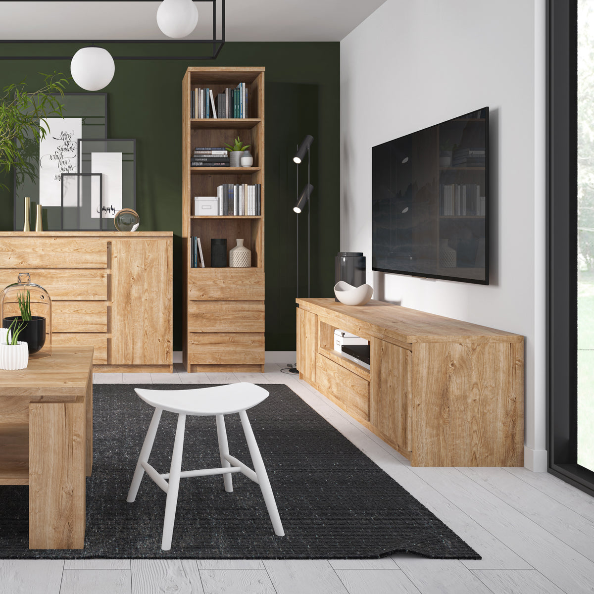 Faraday Tall Narrow 1 Door 3 Drawer Glazed Display Cabinet in Oak