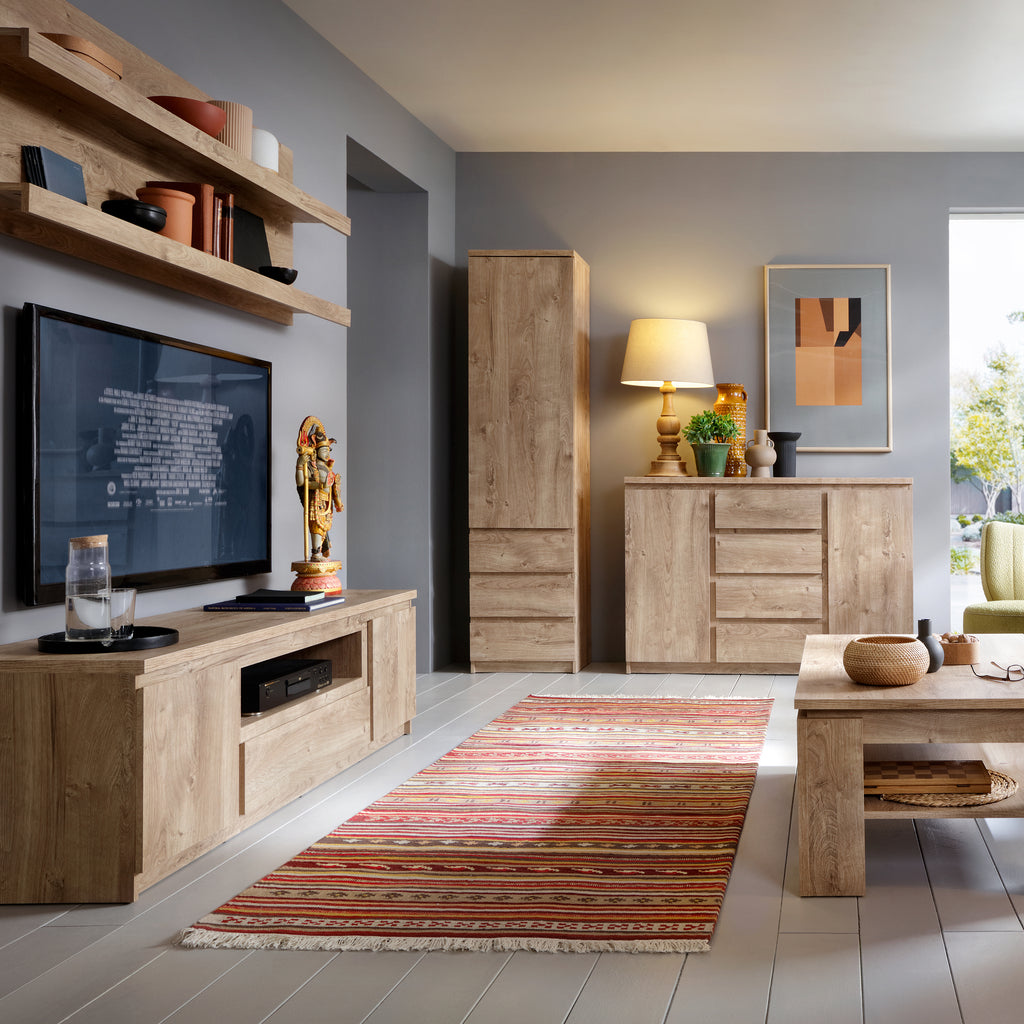 Faraday Tall Narrow 1 Door 3 Drawer Cupboard in Oak